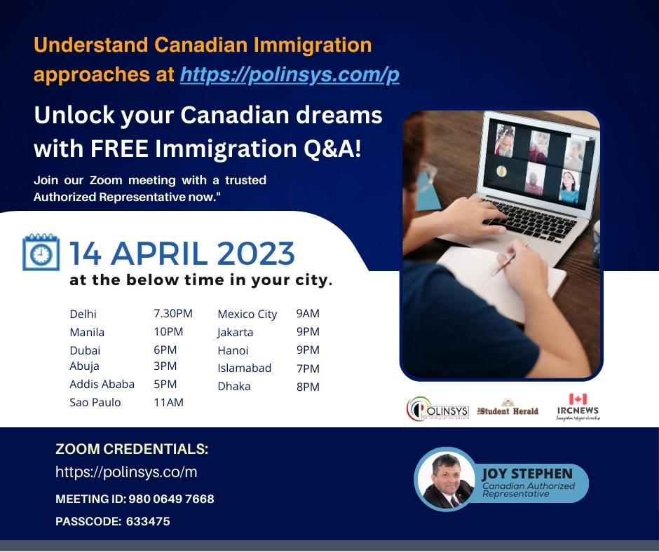 Next FREE Canadian Immigration Q&A session hosted by Joy Stephen on 14 April 2023