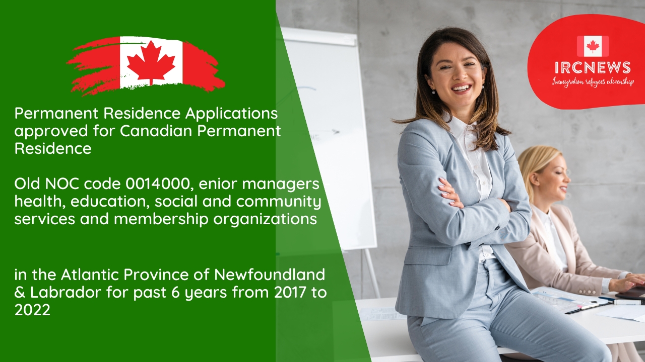 Permanent Residence Applications approved for Canadian Permanent Residence for Old NOC code 0014000-Senior managers – health, education, social and community services and membership organizations in the Atlantic Province of Newfoundland & Labrador for past 6 years from 2017 to 2022 
