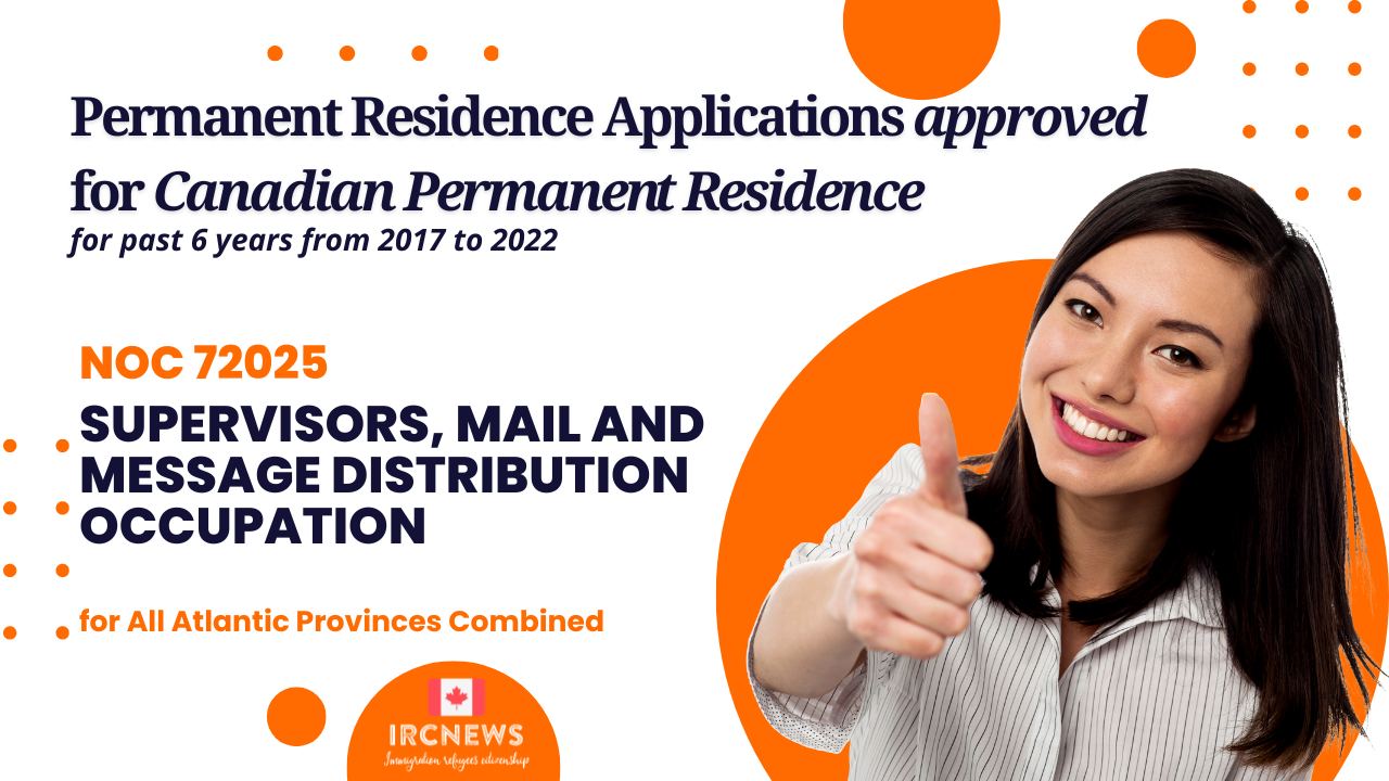 Approved Canada PR visa NOC 72025, Supervisors, mail and message distribution occupation for Atlantic Provinces for 6 yrs