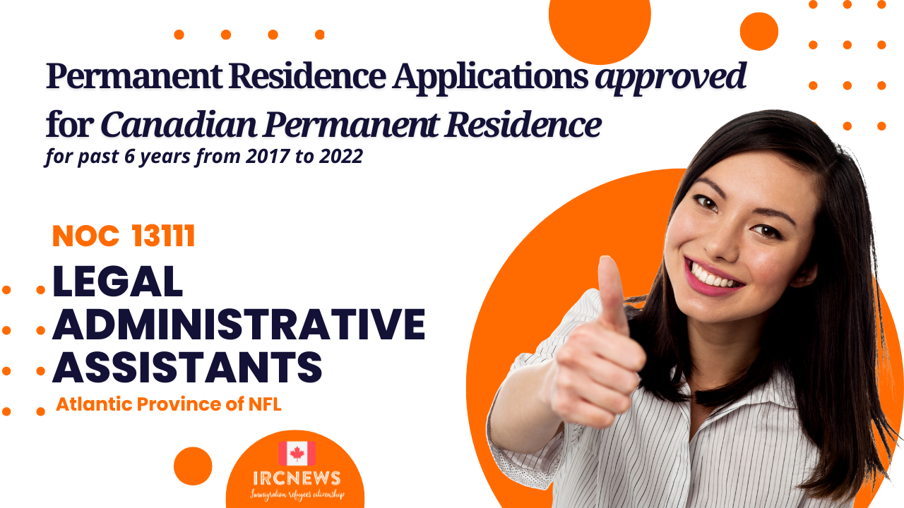 Approved Canada PR visa NOC 13111, Legal administrative assistants in Newfoundland for 6 years