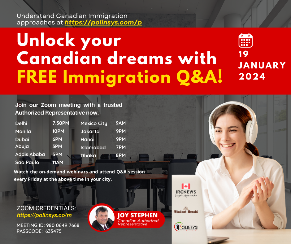 Next FREE Canadian Immigration Q&A session hosted by Joy Stephen on 19 January 2024